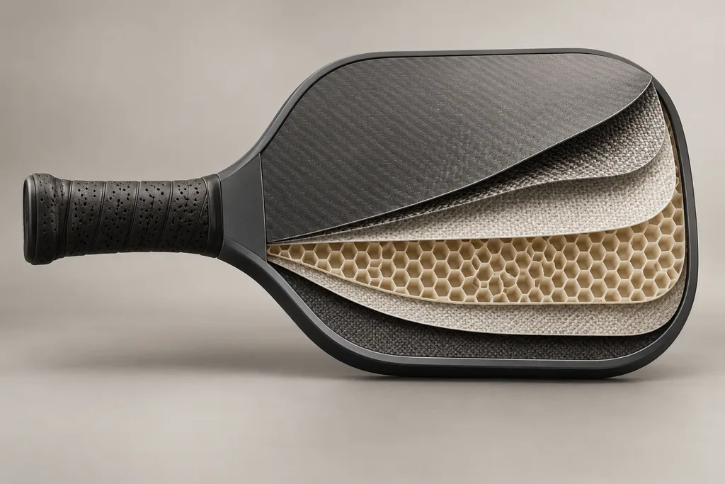 Coupe schématique d'une raquette de pickleball dont les couches de la face commencent à se décoller.