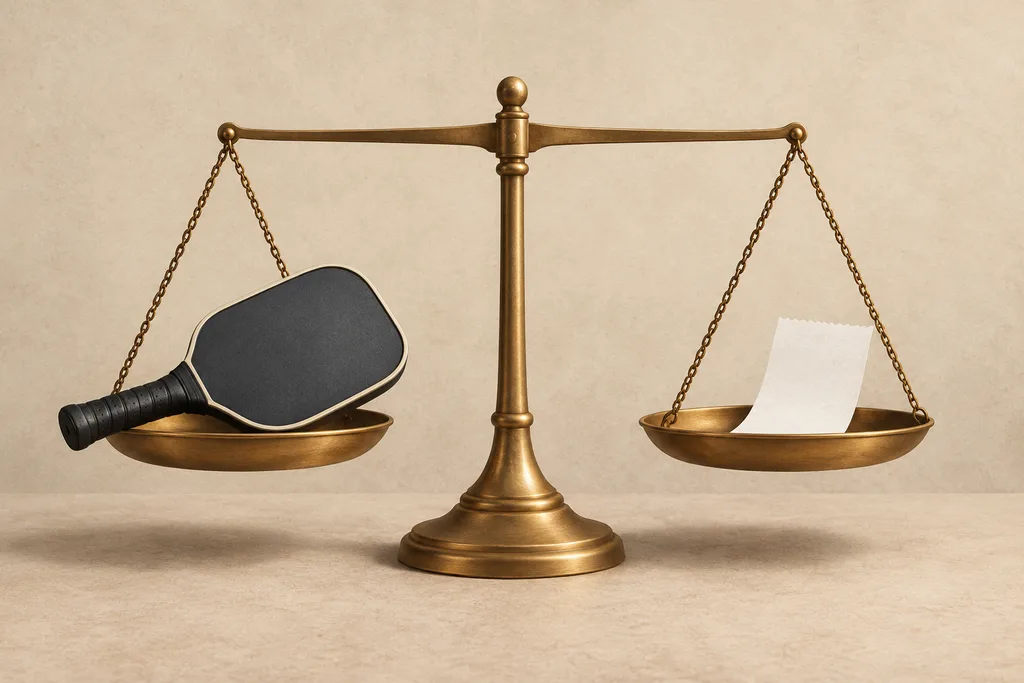 Une balance symbolique portant une raquette de pickleball d'un côté et un reçu de l'autre.