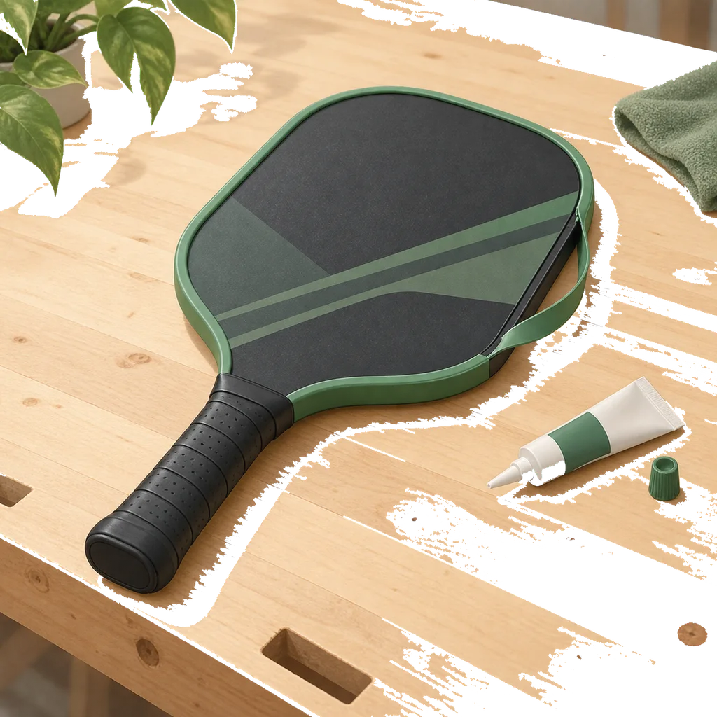 Une raquette de pickleball posée sur un établi, avec un protège-cadre en cours de recollage et quelques outils simples autour.
